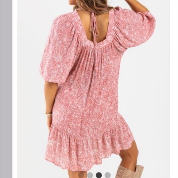 Jun & Ivy Square Neck Tie Back Mini Dress Pink Paisley Women's Small - Picture 5 of 6